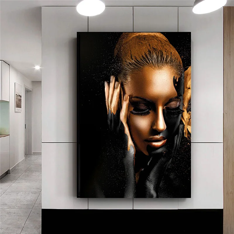 YHJK Opera d'Arte Pittura Africana Nero Oro Donna Ritratto Astratto Moderno su Tela Wall Art Pittura Immagine Poster Stampa Decorazione 30x50cm Frameless 