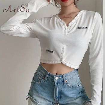 

Artsu Winter Buttons Autumn Irregular Cropped Top Letter Embroidery Fashion Harajuku Women Clothes Casual Cotton Tee Shirt 41774