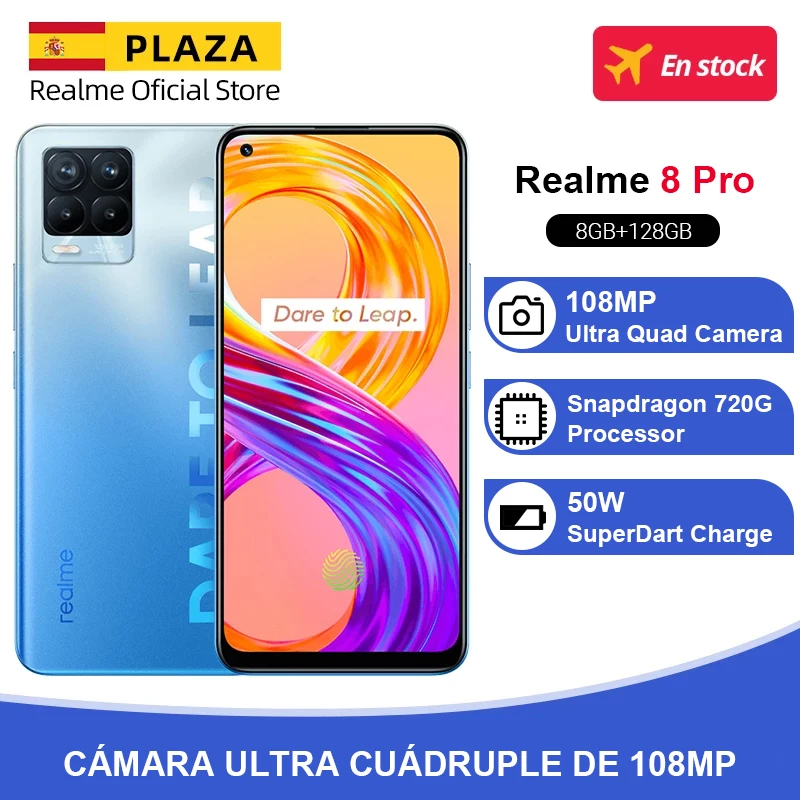 En stock Versión global Realme 8 Pro Smartphone 8GB 128GB 6.4 pulgadas Pantalla 108MP Ultra Quad Camera Snapdragon 720G 4500mAh 50W
