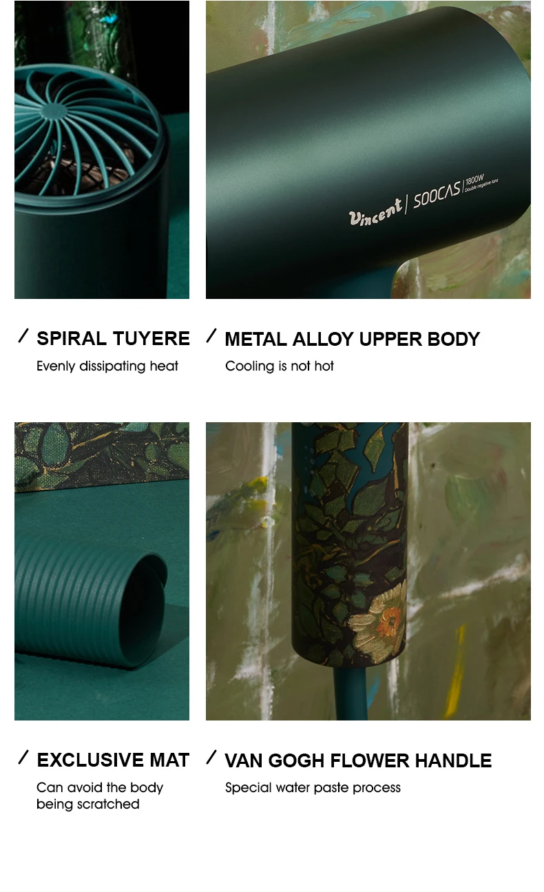Xiaomi SOOCAS волосы с отрицательными ионами DryerVAN GOGH H3S зеленая Дикая роза 1800 Вт быстрая сушка двойная защита от температуры