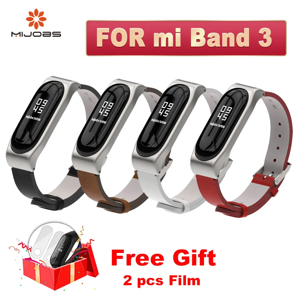 Mijobs Mi band 4 кожаные ремешки для замены Xiaomi Band 3 металлический корпус Браслет