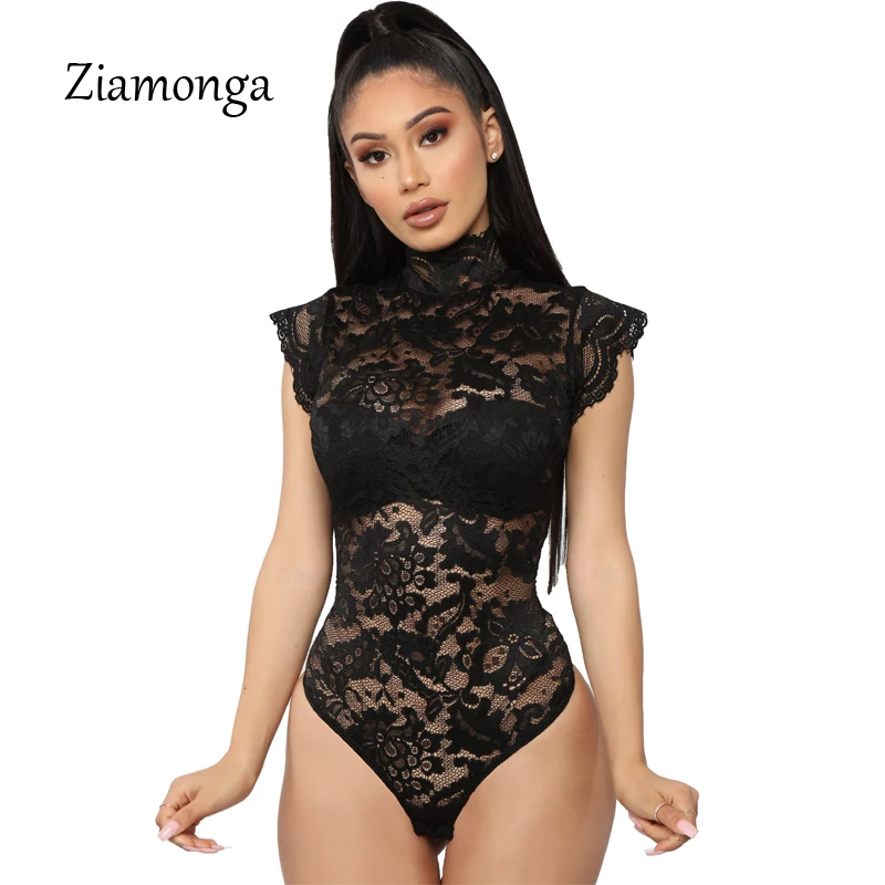Ziamonga, сексуальный боди с коротким рукавом и цветочным кружевом, женские боди с высоким воротом, женские прозрачные облегающие Топы - Цвет: Black