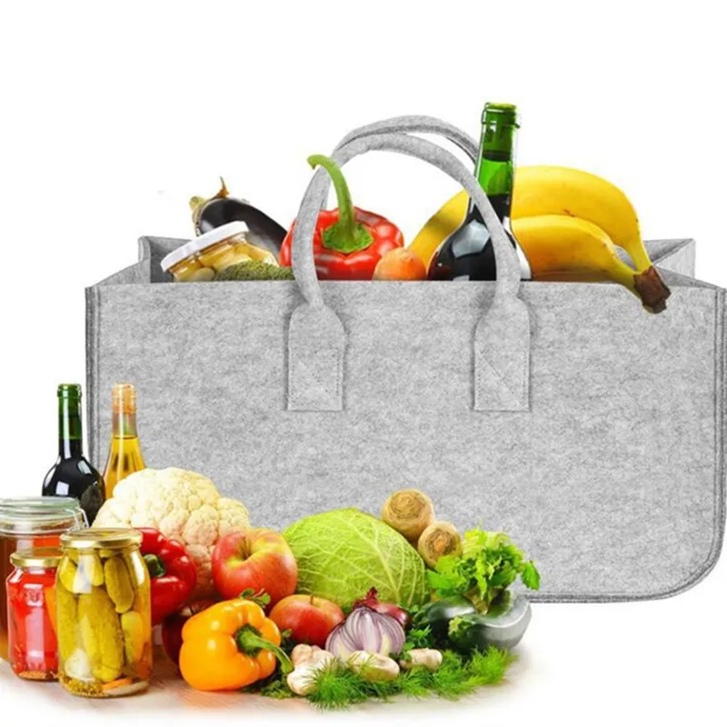 

Durable Carrier Felt Handbag Firewood Magazine Fruit Car Storage Basket Container Box Shopping Tote Bag with Handle Grey