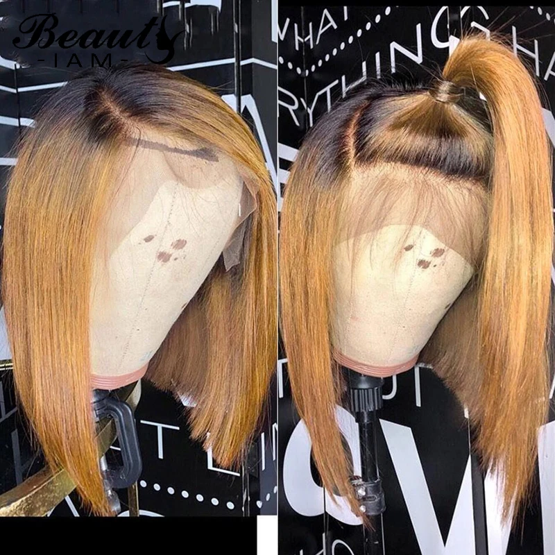 Короткий боб парик Омбре 4/27 коричневый прямой кружевной парик отбеленные узлы бразильский медовый блонд кружевные передние человеческие волосы парики для женщин
