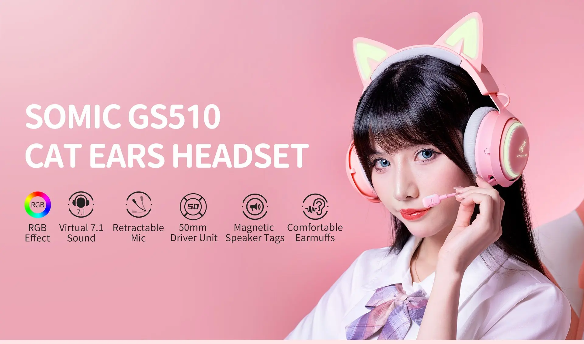 Беспроводные розовые наушники SOMiC GS510 2,4G с кошачьими ушками, 4 ...