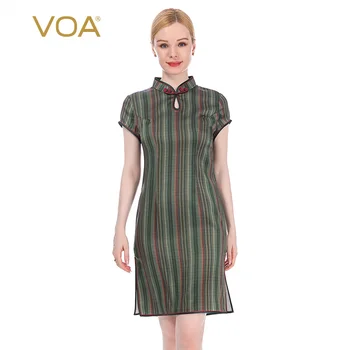 

VOA Silk Striped Prints Stand-up Collar Shoulder Bag Short Sleeve Back Zipper S-Shaped Slim-Fit Large Slit Cheongsam Dress AJ21