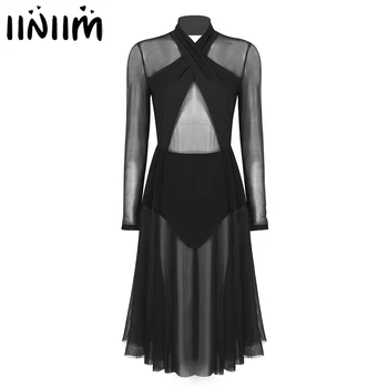 

Women Modern Lyrical Dancewear Professional Ballet Dance Dress Practice Costume Long Sleeve See Through Sheer Gymnastic Leotards