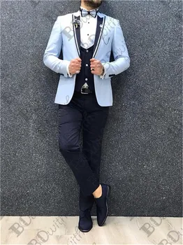 

3 Pieces (Jacket+Vest+Pants) Blue Peak Lapel Men Suits Prom Tuxedo Slim Fit Groom Wedding Suits For Men Custom Blazer