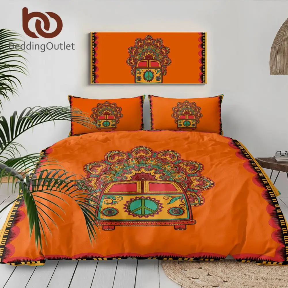 Beddingoutlet Hippie Vintage Car Bedding Set Orange Mandala Quilt
