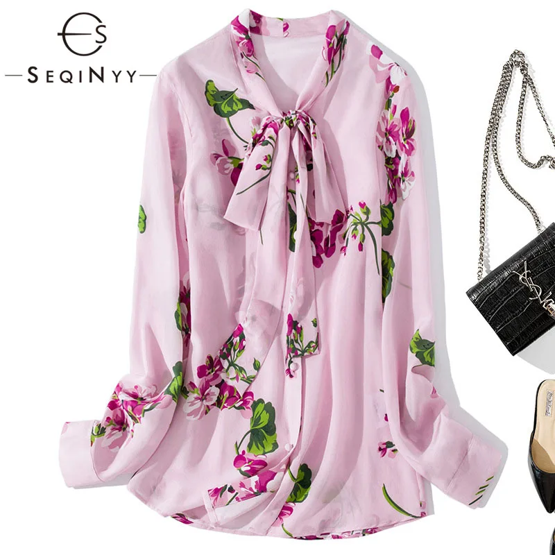 

SEQINYY Silk Shirt 2020 Summer Spring New Fashion Design Women High Quality Chiffon Flowers Print Light Purple Blouse