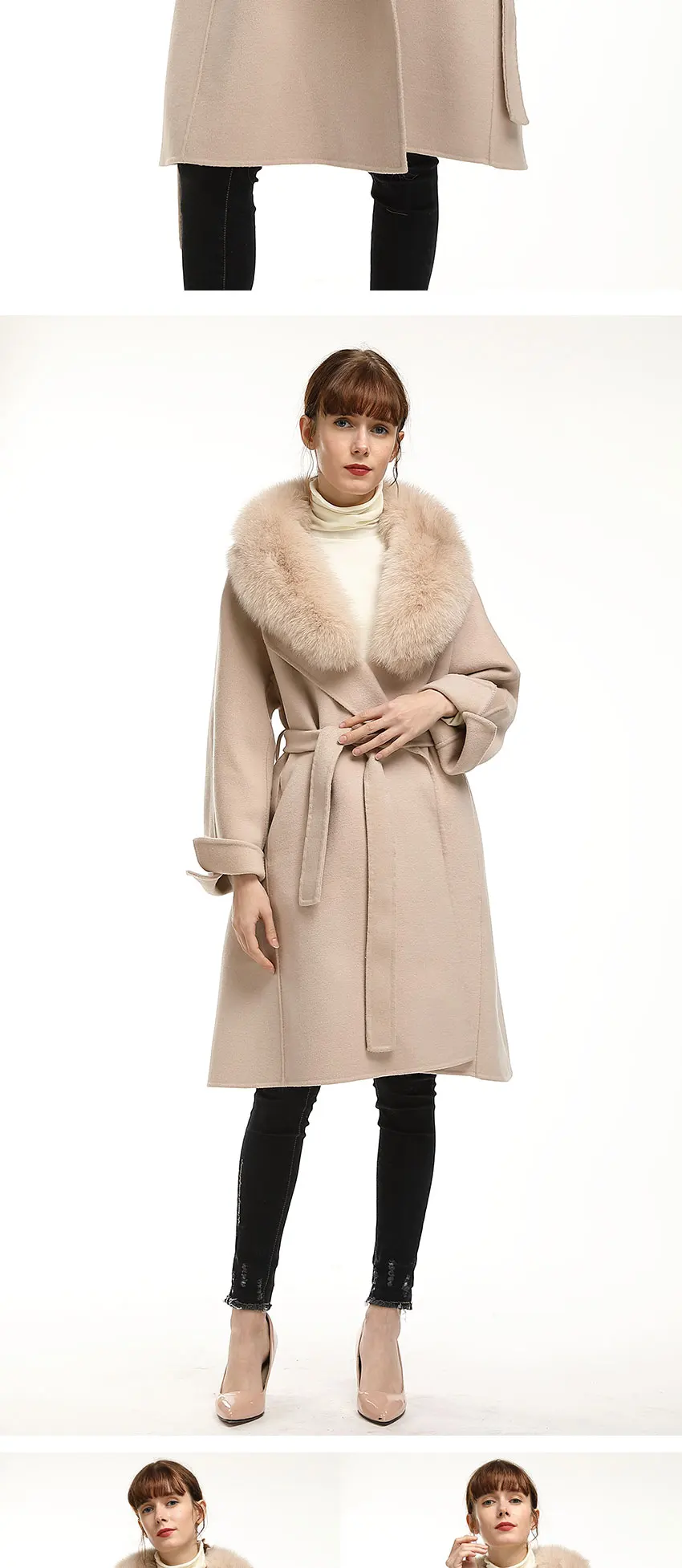Maylofuer Длинный натуральный Лисий мех съемный воротник женская зимняя куртка шерстяные пальто с поясом кашемировое пальто