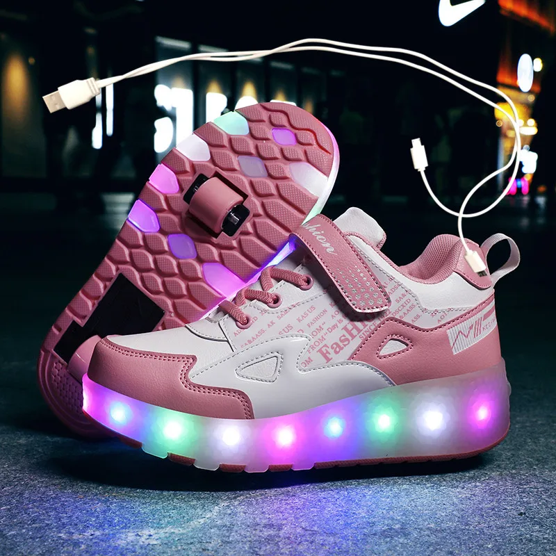 

Eur27-43 Two Sneakers With Wheels USB Charging Glowing Led Light up 2020 Roller Skate Wheels Shoes for boys&girls Slippers