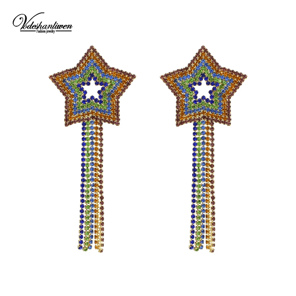 

Vodeshanliwen New Design Star Rhinestone Long Tassel Earrings For Women High Quality Statement Earrings Accessories Wholesale