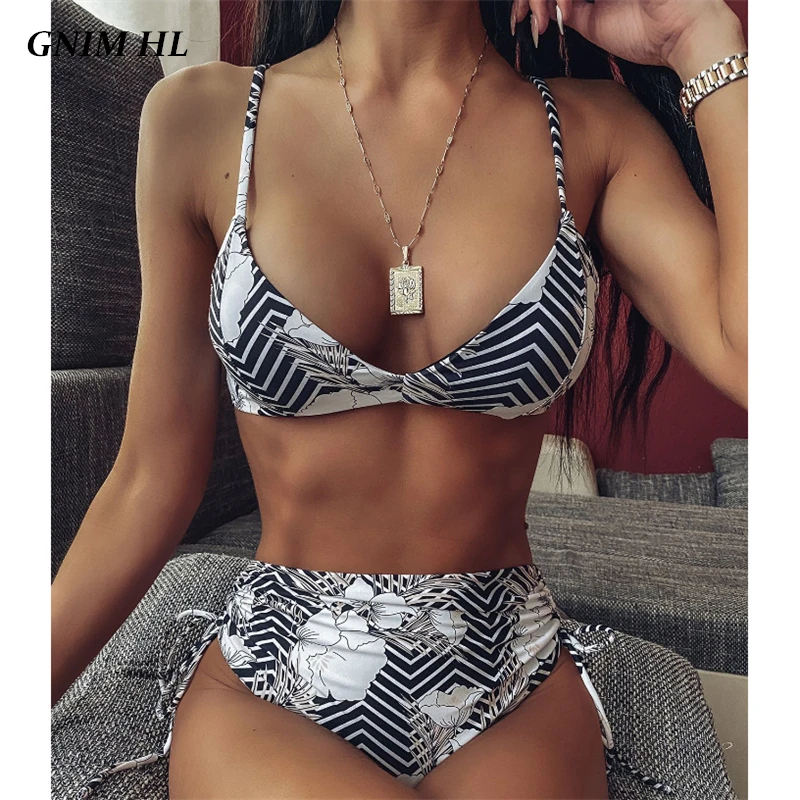 

GNIM High Waist Swimwear Women Push Up Print Bikini Mujer 2020 Sexy Bandage Brazilian Swimsuit Female Two Pieces Summer Biquini