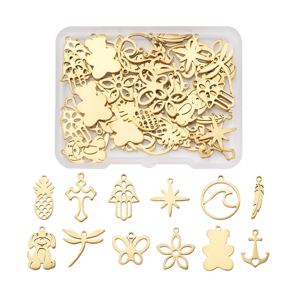 

12~48Pcs Stainless Steel Pendants Golden Mixed Butterfly Flower Dog Bear Shapes Charms For Bracelet Necklace DIY Jewelry Making