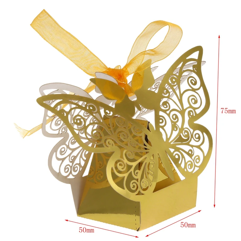 HHO-новинка, 50 шт., Свадебная подарочная коробка с бабочкой, коробка для конфет, Подарочная коробка, свадебные сувениры, вечерние принадлежности, свадебные украшения(Золотой