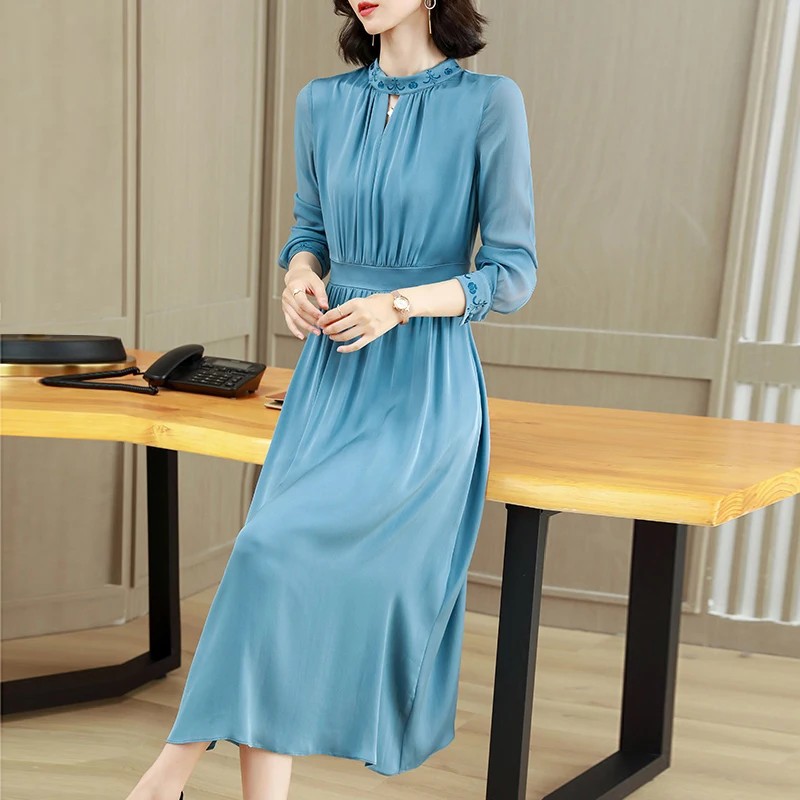 Office-Lady-Style-Women-s-Summer-Dresses-Genuine-Silk-Female-High-Waist ...