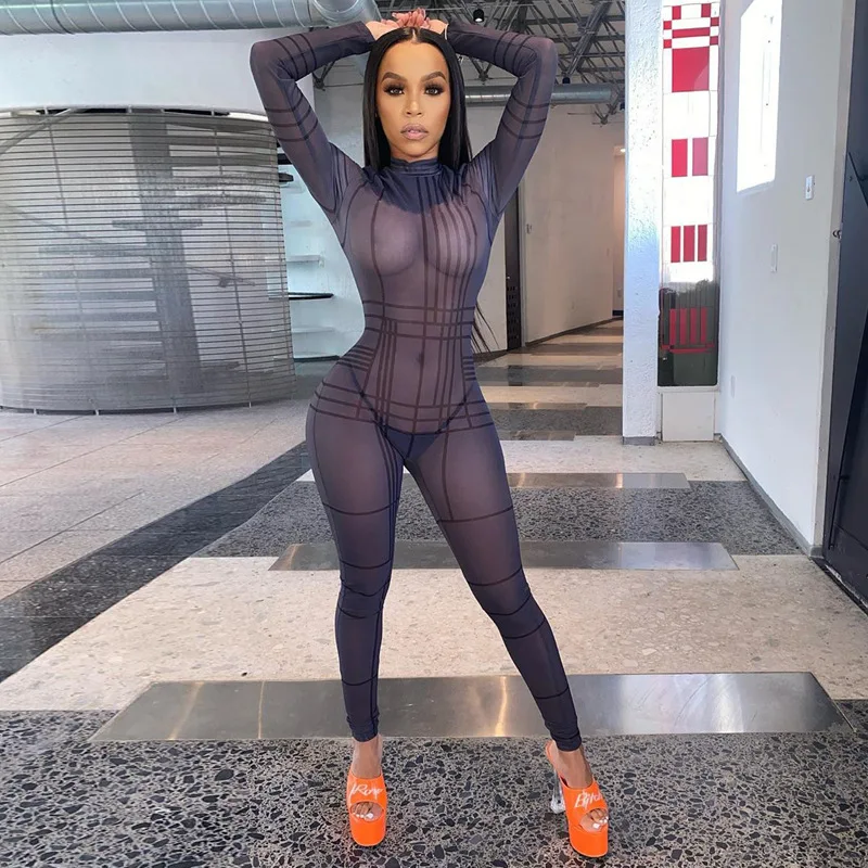 

Mesh Jumpsuits Women Sexy Sheer See Through Lines Printed Jumpsuits Autumn Long Sleeve Bodycon One Piece Romper Pants Jumpsuits