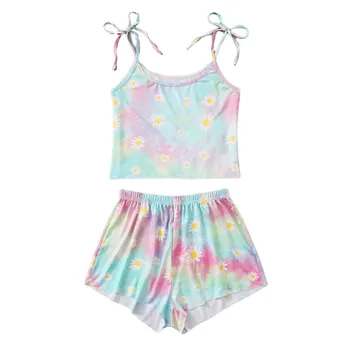 

Women Sleeveless Tie Dye Pijamas Set Printed Sling Top and Shorts 2 Piece Set Pajamas Home Wear Bedroom Set