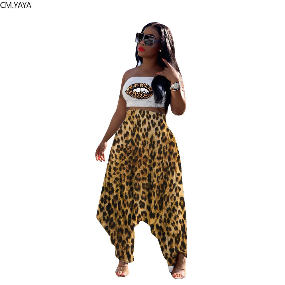 

Autumn Hip hop streetwear Women's set leopard mouth print strapless top haren pants suit two piece set elegant tracksuit GL6310