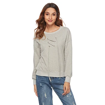 

2020 Autumn Winter Women Pullovers Solid Color O Neck Lace Up Long Sleeve Solid Casual Tops