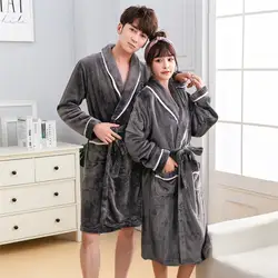 Однотонный серый халат-кимоно для влюбленных, фланелевая одежда для сна, зимняя теплая ночная рубашка, домашняя одежда, повседневный