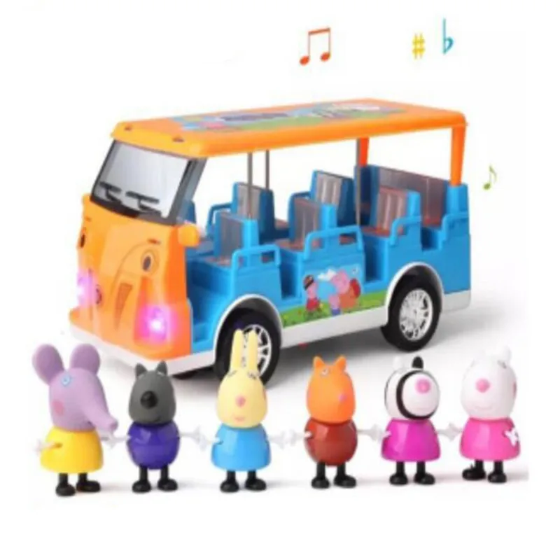

Peppa Pig School Bus With Light Music And Steering Function Family Education Kids Toys Action Figure Children Birthday Gifts