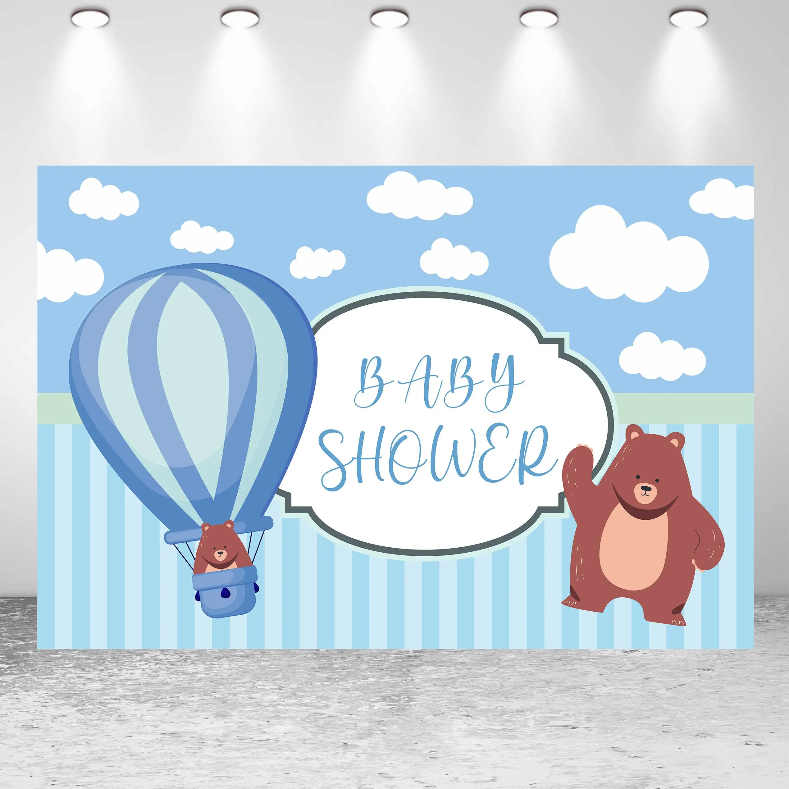 

NeoBack Happy Birthday Baby Shower Bear Hot Air Ballon Sky Cloud Blue DIY Party Banner Photo Backdrop Photography Background