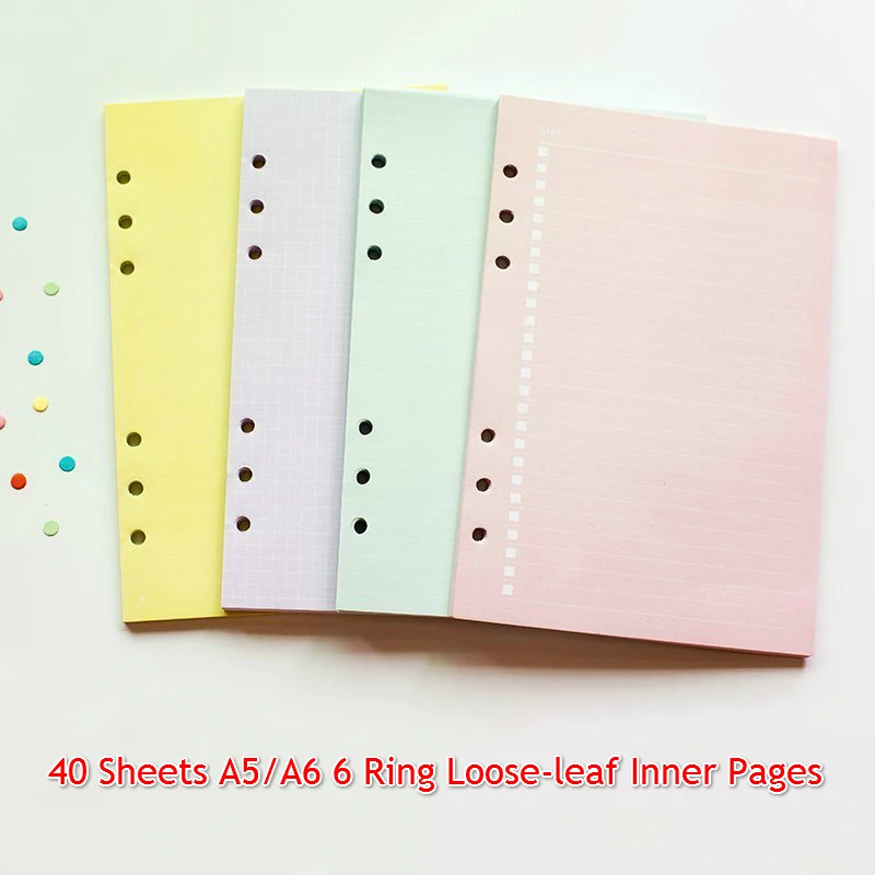 Cuaderno de hojas sueltas A5/A6, recambio de papel colorido, páginas internas, núcleo interno, papelería Kawaii, suministros escolares, 40 hojas
