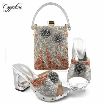 

Latest party sets African high heel slipper shoes and silver bag set with rhinestones for party MD013, heel height 9cm