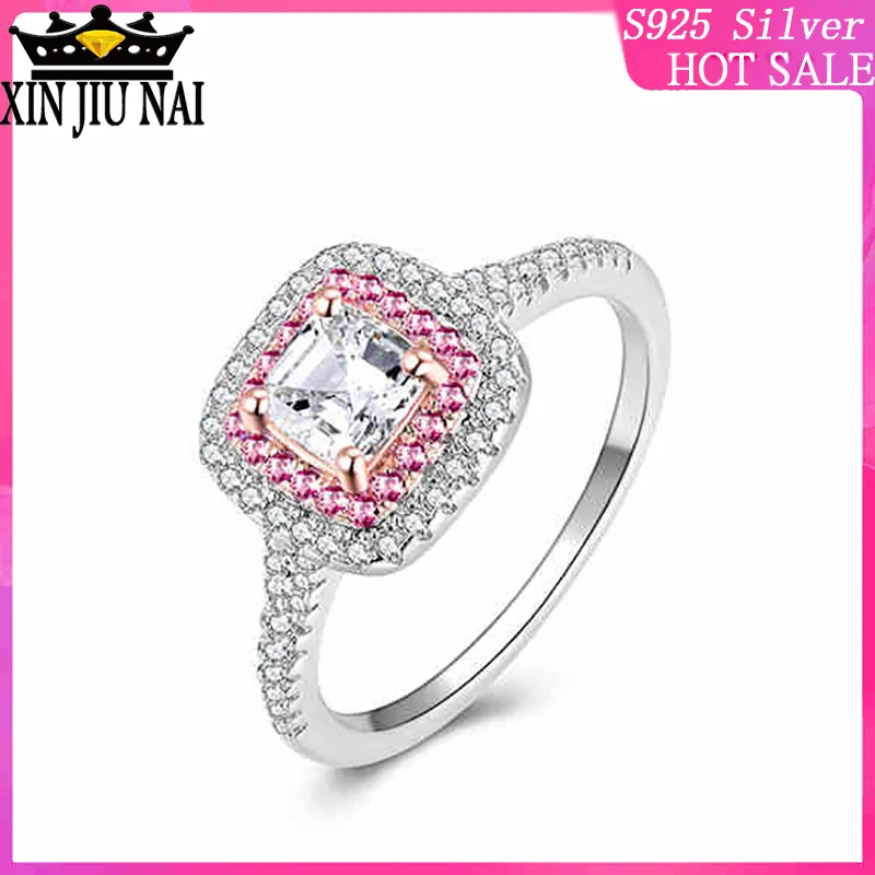 

Fine Jewelry Women 925 sterling Silver ring cushion cut 2ct 5A Zircon Cz Engagement Pink Lace Romantic Party Band Ring For Women