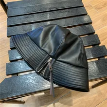 01908-ting005 autumn black soft pu fashion Zipper decoration lady leisure bucket cap women fishermen hat