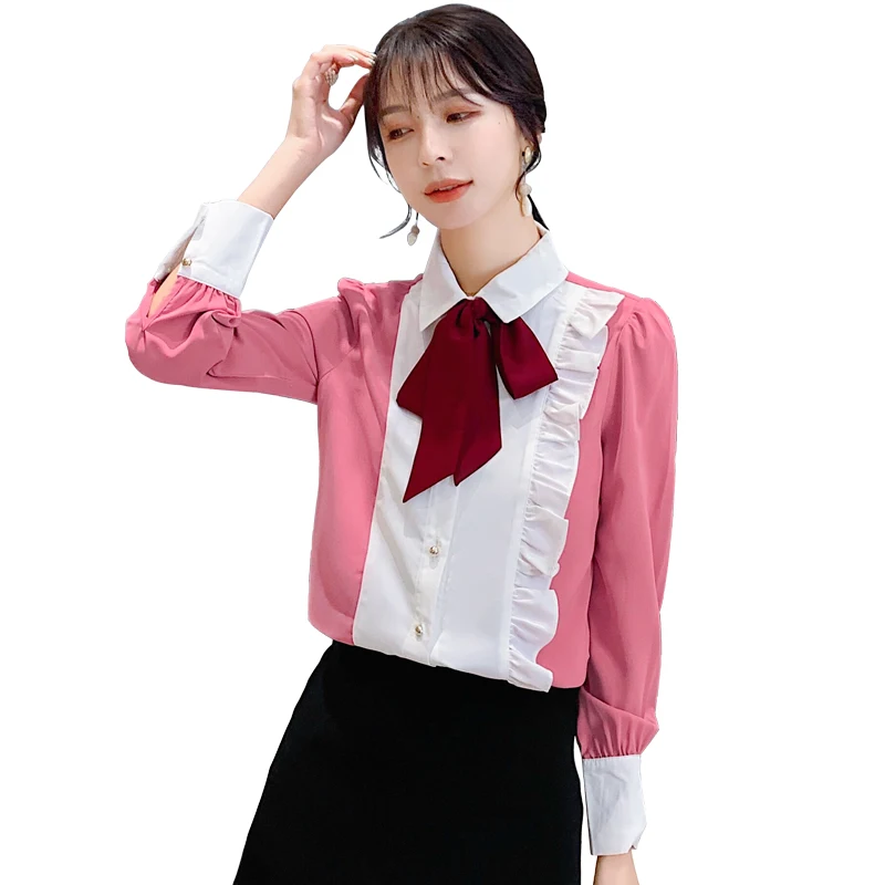 

2019 New Autumn Women Shirts Ruffles Peter pan Collar Chiffon Tie Western Style Blouse Shirt 6672