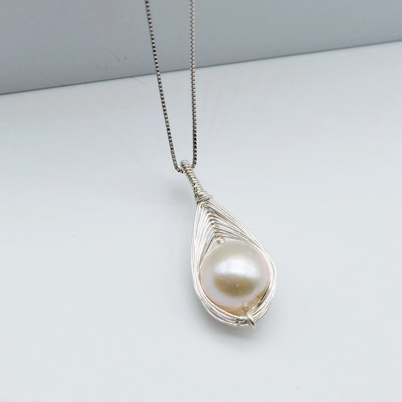 Ladies Pendant Necklace Natural Round White Freshwater Pearl Silver Pendant Hand Braided Water Drop Pendant Silver Necklace