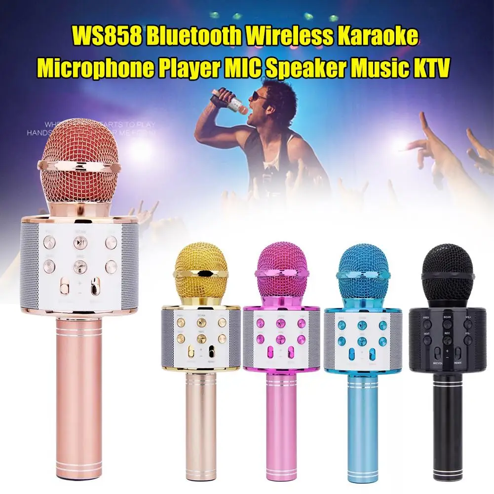 Denret3rgu WS858 Micrófono inalámbrico de Condensador de Karaoke Bluetooth con Sonido estéreo de Mano Golden 