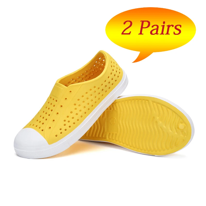 2 пары; обувь для мальчиков и девочек; летняя детская обувь; пляжные сандалии; детские сабо; повседневная обувь на плоской подошве; уличные кроссовки; tenis infantil - Цвет: Цвет: желтый