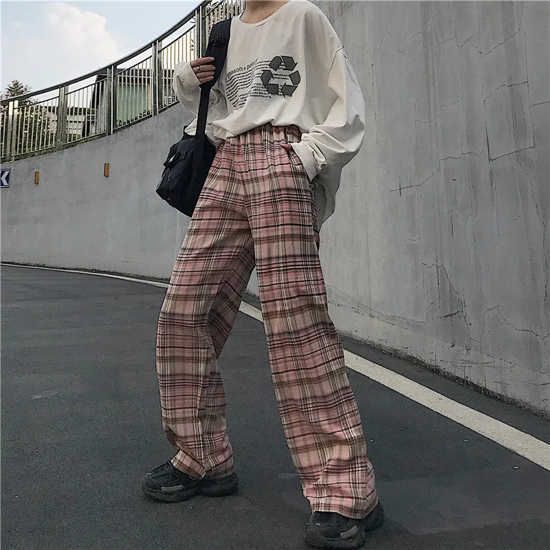 Океанlove Harajuku клетчатые осенние тонкие свободные брюки женские розовые длинные брюки уличная BF Стиль Pantalones Mujer 12760