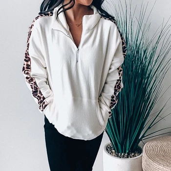 

2019 Winter New Fashion White Leopard Line Patchwork Hoodies Women Zipper Pullover Sweatshirt Pocket Female Tracksuit S-XL D30