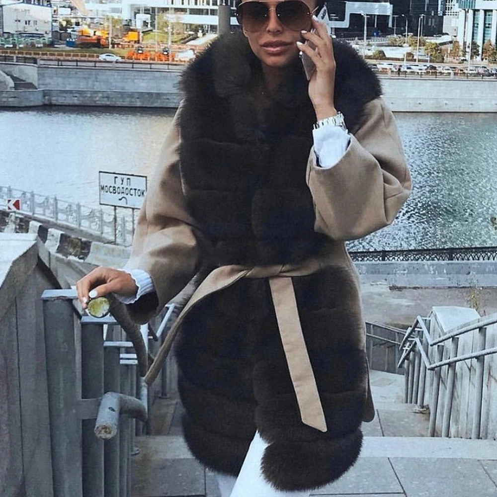 Fashion Long Fox Fur Cashmere Coat with Belt Slim Women Winter New Wool Blends Coat with Long Fox Fur Collar Natural Overcoats