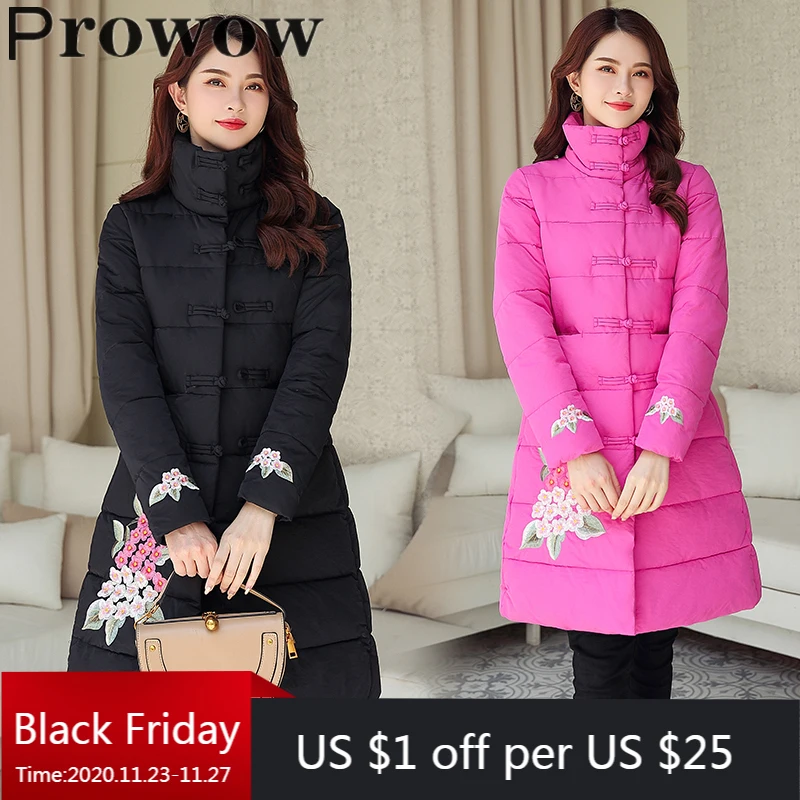 

Prowow Women Winter Thick Tops Lady Embroidery Long Warm Coats Turtleneck Parker Plus size female fashion solid loose Jacket