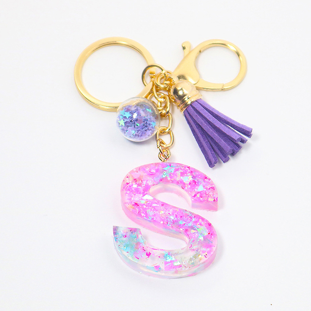 Creative Letter Alphabet Crystal Arylic Liquid Keychain Women Key Chains Ring Car Bag Tassels Pendent Charm Gift Accessory