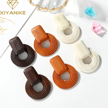 XIYANIKE New Wooden Earrings Ethnic Wood Geometric Round Drop Earrings Vintage Brown Korean Statement Earrings Fashion Jewelry