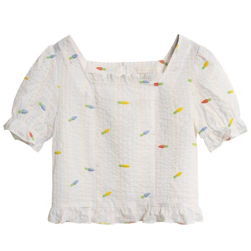 

French Style Square Collar Short-Sleeved Shirt Women 2020 Summer embroidery Short Top