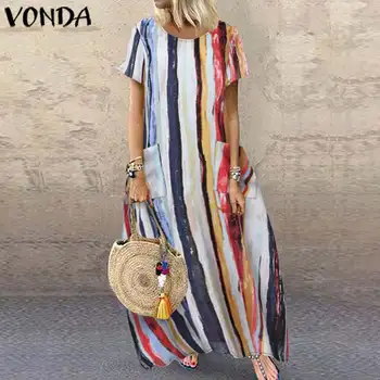 

VONDA Summer Long Maxi Dress 2020 Women Casual O Neck Short Sleeve Vintage Printed Party Dresses Loose Bohemian Sundress 5XL