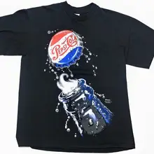 Vtg 90S Pepsi Cola Футболка L черный один стежок большой графический США сделано Двусторонняя дешевая распродажа хлопок Топ Футболка 012849