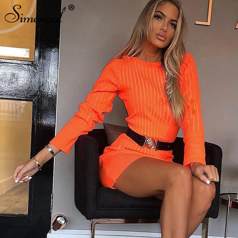 orange Simenual, неоновый цвет, вязаное осеннее платье, женское, длинный рукав,, облегающее платье, в рубчик, модное, сексуальное, женское, мини платье, зимнее, базовое - Цвет: orange