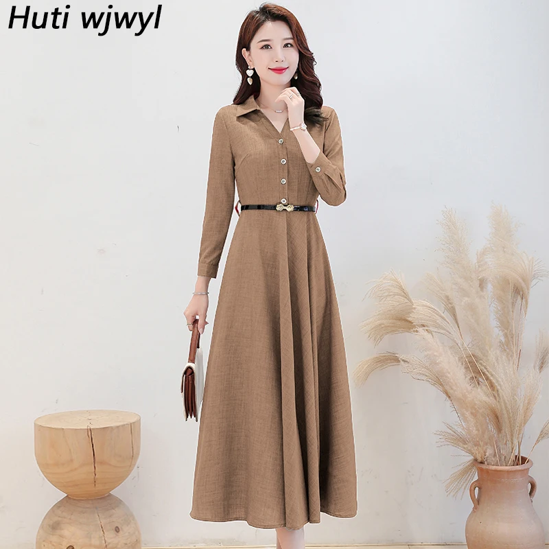 

Платье-миди из хлопка и льна, с длинным рукавом