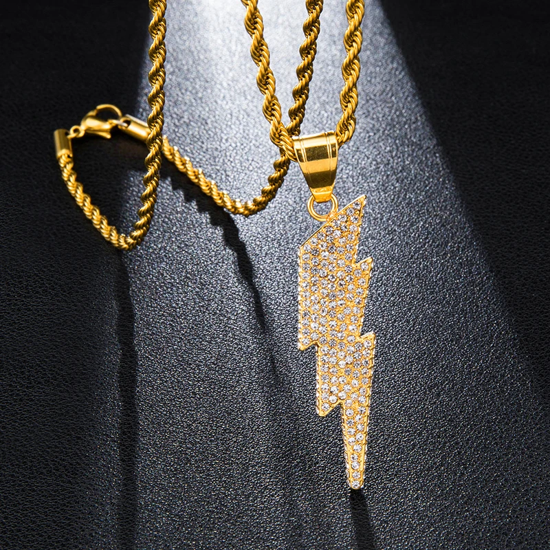 

Hip Hop Punk Lightning Pendant Iced Out Bling Bling Gold Crystal Charm Stainless Steel Chain Pendant Jewelry Rope Chain Necklace