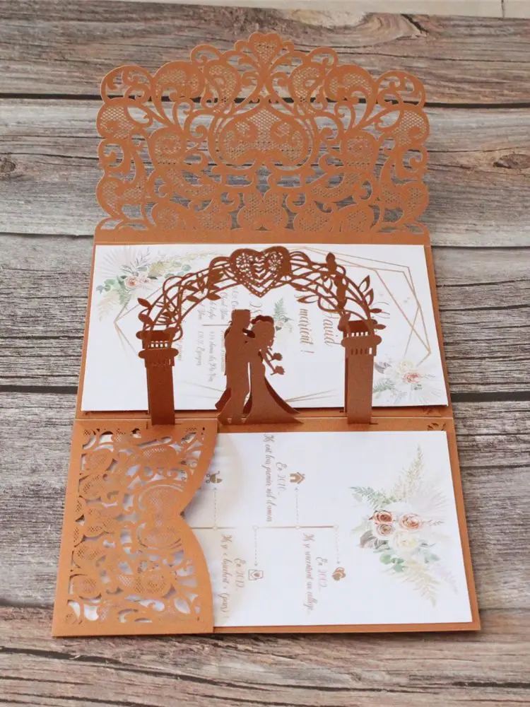 Wedding Invitations Marriage Announcements 3D Flower Laser Cut Nostalgic Pocket Invites