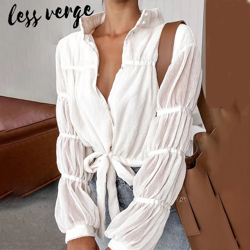 Lessverge Boho льняная шифоновая белая блузка Топы офисные женские рубашки с длинным